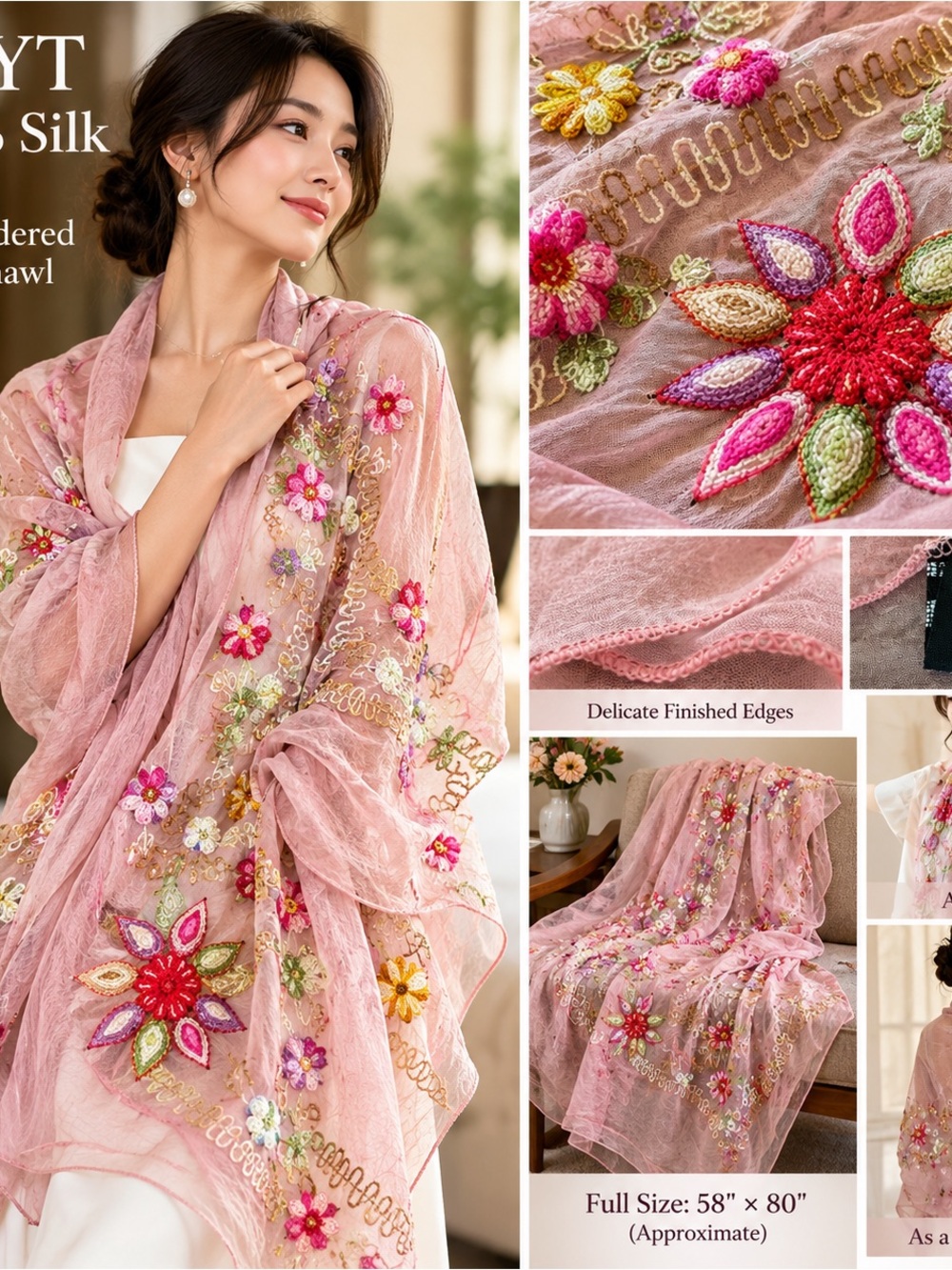 HSYT 100% Silk Pink Floral Embroidered Sheer Shawl Wrap